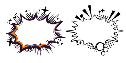 Black and white comic book style explosion speech bubbles with starbursts and polka dots offer space for text.