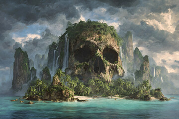 Mysterious tropical island with towering mountains and skull-shaped rock formation