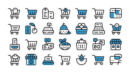 Collection of blue shopping and retail icons on a dark background, representing commerce, groceries, and transactions.
