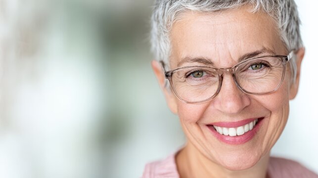 Joyful senior woman with short gray hair smiling in close-up portrait