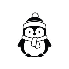 Cute penguin wearing winter hat and scarf silhouette