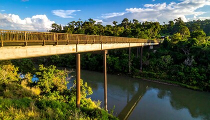 Concrete bridge extends into lush forest with a river reflecting the blue sky and white clouds