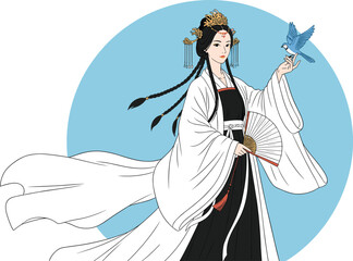 Beautiful ancient Chinese princess wearing Hanfu, holding a folding fan and blue bird, traditional Asian vector illustration with circle background.