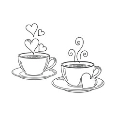 Two cups of coffee with hearts silhouette