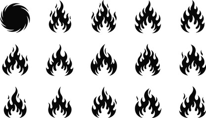 Black Fire Flames Silhouette Icons Collection Vector Set, Burning Heat and Energy Symbols, Stylized Campfire, Bonfire, and Torch Graphic Design Elements for Safety or Warning.