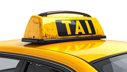 Close-up of a yellow taxi top sign with "TAI" in black text against a white background