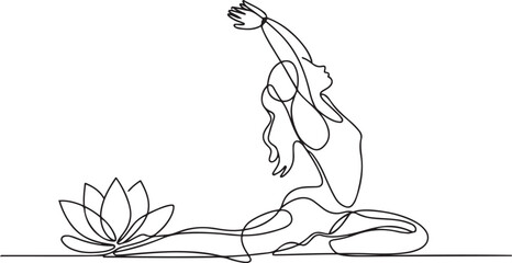 Continuous one line drawing of Young Woman doing yoga with lotus flower. Single line drawing illustration of Woman doing yoga. one line Icon drawing