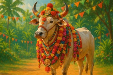 Vibrant Festival Bull Adorned with Garlands