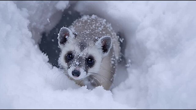 A curious little raccoon with big eyes peeks out from its cozy snow den, its fur lightly dusted with fresh winter snowflakes