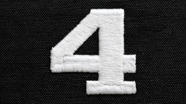 White number four embroidered on black canvas fabric background