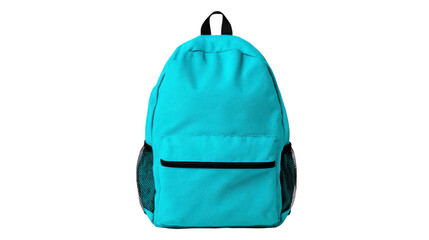 Light blue backpack with front zipper pocket mesh side pockets and black handle ideal for school travel or outdoor activities modern and practical design isolated on transparency background