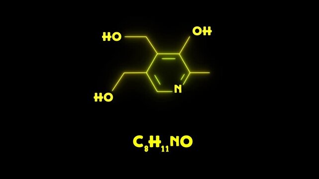Glowing neon chemical structure of pyridoxine (Vitamin B6 active form) essential nutrient molecule. Futuristic molecular model of pyridoxine (vitamin B6 active form) structure on black background.