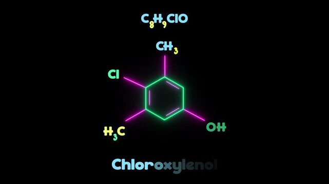 Vibrant color neon Chemical Structure of Chloroxylenol (PCMX) Antiseptic Disinfectant Molecule. Striking neon chemical molecular model of chloroxylenol (C8H8CIO) on black background.