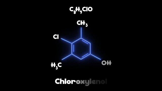 Vibrant color neon Chemical Structure of Chloroxylenol (PCMX) Antiseptic Disinfectant Molecule. Striking neon chemical molecular model of chloroxylenol (C8H8CIO) on black background.