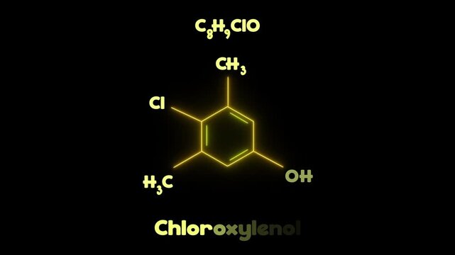 Vibrant color neon Chemical Structure of Chloroxylenol (PCMX) Antiseptic Disinfectant Molecule. Striking neon chemical molecular model of chloroxylenol (C8H8CIO) on black background.