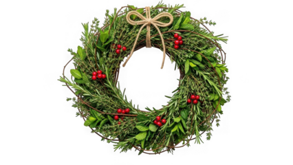 Festive christmas wreath with fresh green foliage, red berries, and a rustic twine bow, isolated on transparent background