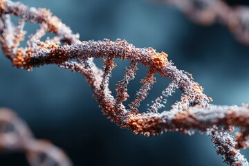 Microscopic illustration showing the intricate structure of DNA double helix with detailed molecular components and a blue background
