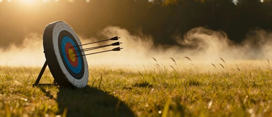 Archery Target with Arrows in Field at Sunrise