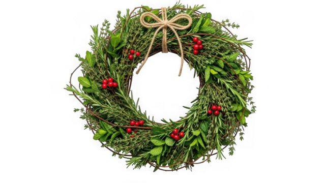 Festive christmas wreath with fresh green foliage, red berries, and a rustic twine bow, isolated on transparent background