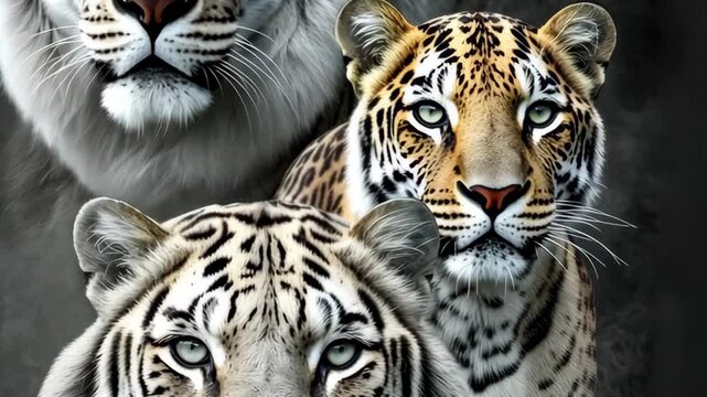 Three majestic tigers showcase their beauty in close-up, highlighting their unique patterns and vibrant eyes in a stunning natural setting