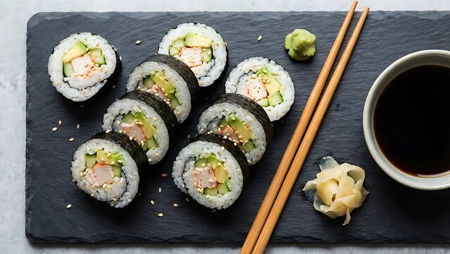 Fresh maki sushi rolls with avocado, cucumber, and crab on slate