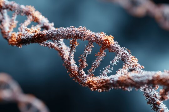 Microscopic illustration showing the intricate structure of DNA double helix with detailed molecular components and a blue background