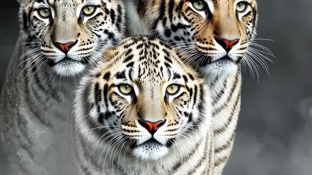 Three majestic white tigers standing together in a misty environment showcasing their striking features and unique fur patterns