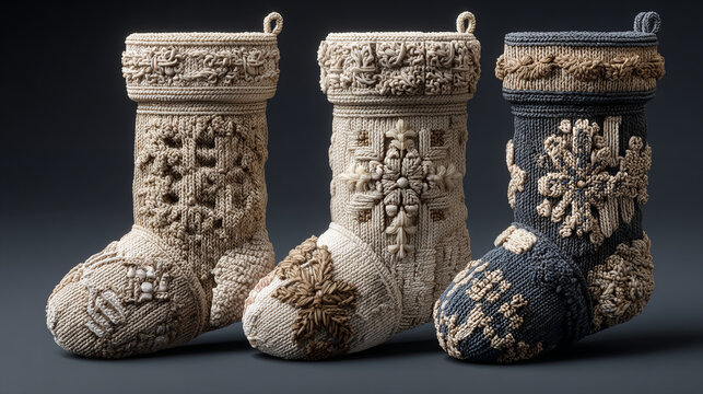 Cozy Nordic stockings in thick yarn, detailed with snowflakes and stars. Sustainable craftcore aesthetic, slow living atmosphere, and tactile decor perfect for Christmas gifting and mantel styling