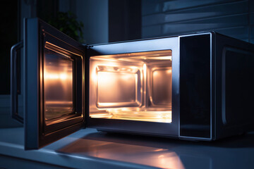Fototapeta premium A microwave oven is open and the inside is lit up