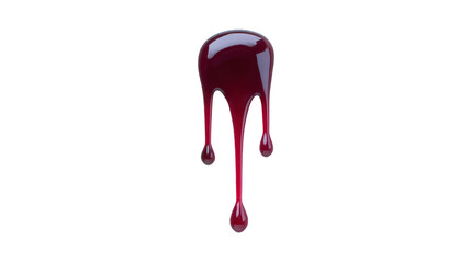 Dark red liquid drip, glossy texture, isolated on transparent background, resembling paint or syrup, suitable for creative design, dramatic and artistic effect