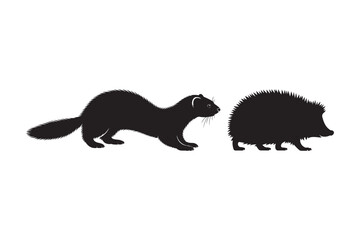 Silhouette of a ferret and a hedgehog side by side
