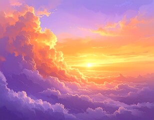 Dramatic sky with swirling orange sunset, transitioning to lilac clouds below. Warm, luminous & airy atmosphere