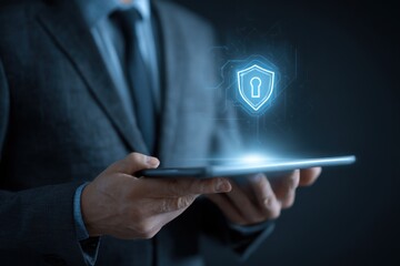 Businessperson demonstrates cybersecurity features using a tablet in a modern office during a technology presentation