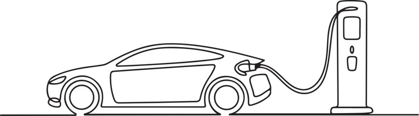 Obraz premium Continuous one line drawing of Electric car at charging stations. Single line drawing illustration of Electric car. one line Icon drawing