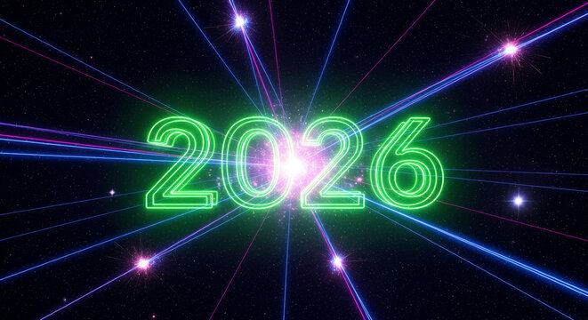 Neon green number "2026" with light beams against starry backdrop, symbolizing upcoming year, future and technological advancement, perfect for celebration