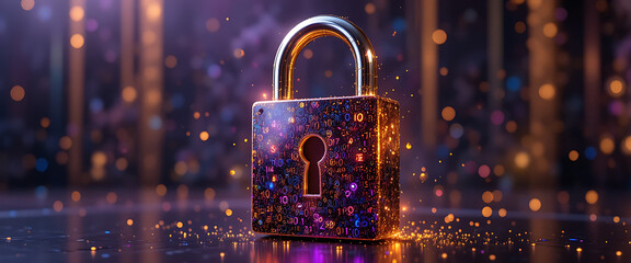 3D golden glowing sparkling standing lock with dark gradient key hole core surrounded by rotating binary numbers neon purple, red, and blue rings, intricate details, golden flecks of light fall on the