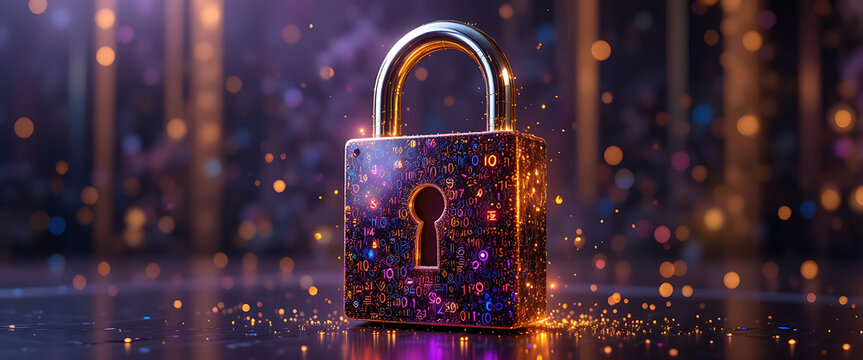 3D golden glowing sparkling standing lock with dark gradient key hole core surrounded by rotating binary numbers neon purple, red, and blue rings, intricate details, golden flecks of light fall on the