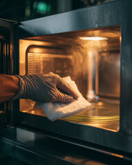 A person is cleaning a microwave with a cloth