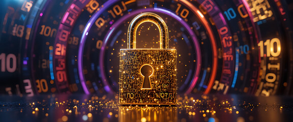 3D golden glowing sparkling standing lock with dark gradient key hole core surrounded by rotating binary numbers neon purple, red, and blue rings, intricate details, golden flecks of light fall on the