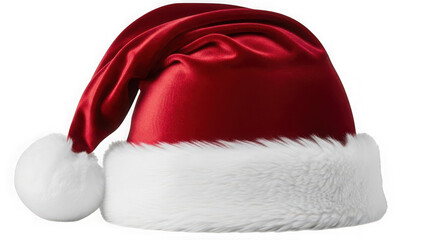 Red santa hat with a white fluffy brim and pompom, perfect for christmas and holiday celebrations, isolated on transparent background