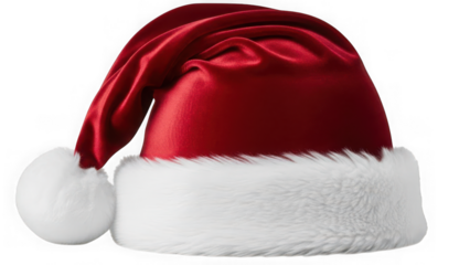 Red santa hat with a white fluffy brim and pompom, perfect for christmas and holiday celebrations, isolated on transparent background