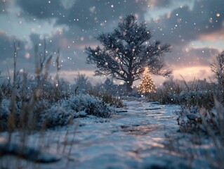 Snowy landscape with glowing Christmas tree under winter sky, perfect for holiday cards, seasonal campaigns or peaceful nature scenes.