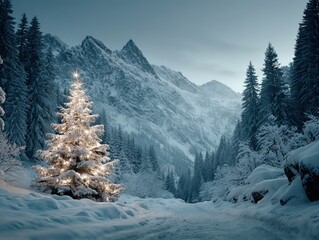 Majestic Christmas tree glowing in snowy mountain valley, ideal for festive travel campaigns or winter holiday advertising.