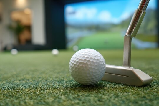 Closeup view of a golf ball in motion towards the hole during a putting practice session in a golf simulation environment