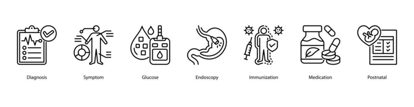 Medical Diagnosis Essentials web banner icon vector illustration featuring Diagnosis, Symptom, Glucose, Endoscopy, Immunization, Medication, and Postnatal for core healthcare procedures.