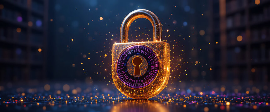 3D golden glowing sparkling standing lock with dark gradient key hole core surrounded by rotating binary numbers neon purple, red, and blue rings, intricate details, golden flecks of light fall on the