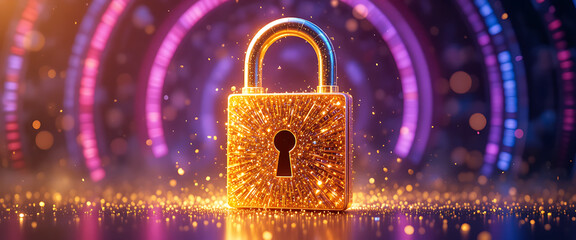 3D golden glowing sparkling standing lock with dark gradient key hole core surrounded by rotating binary numbers neon purple, red, and blue rings, intricate details, golden flecks of light fall on the