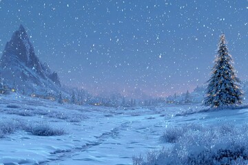Peaceful snowy landscape with Christmas tree and village lights, perfect for winter greeting cards and festive travel visuals.