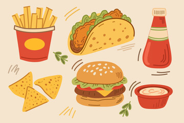 Fast Food Elements in Hand-Drawn Style for Culinary Design Set