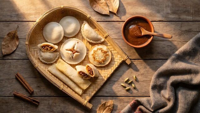 Assorted traditional south asian sweet and savory pitha desserts